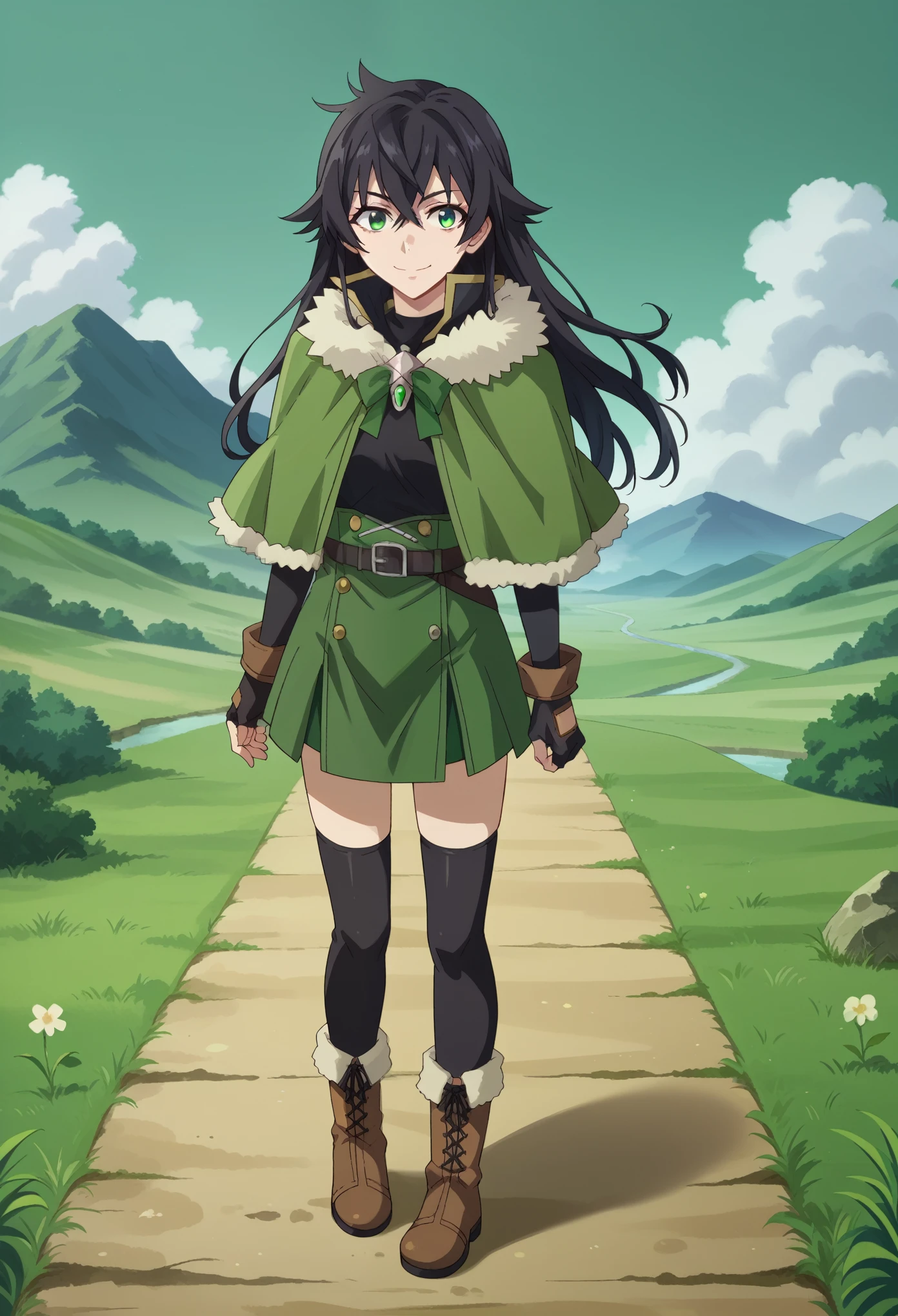 score_9, score_8_up, score_7_up, 1girl, solo, (female:1.5), female focus, iwatani naofumi, black hair, long hair, green eyes, fur trim, black shirt, green capelet, green skirt, short skirt, black thighhighs, fingerless gloves, boots, standing, slight smile, posing, full body, looking at you, landscape,