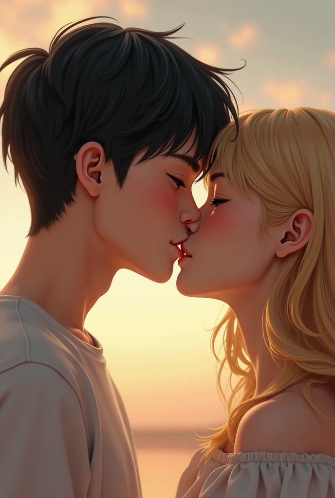 man with short straight black hair with a childlike face and a blonde kissing