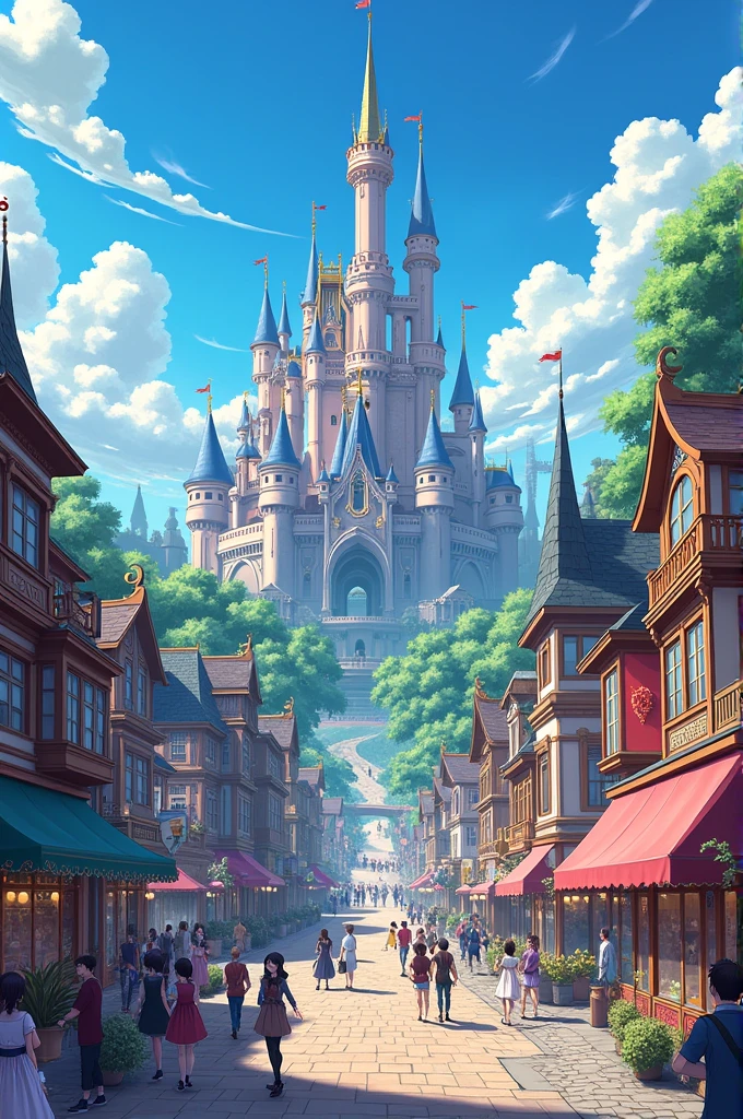 anime city, anime art konosuba style, big city, in the center a large royal castle, right a mansion, on the left commercial stores, a large main street