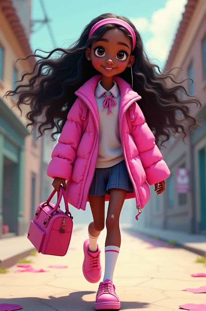 animated dark skin girl, with long hair and a bando wearing an oversized pink jacket on top of school uniform, with pink bag, pink shoes, walking