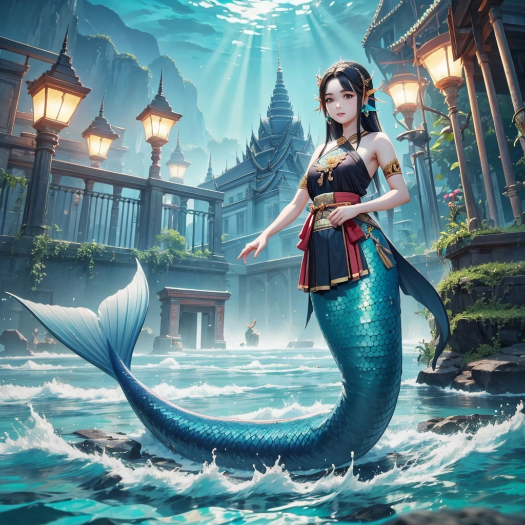 a single beautiful Thai female mermaid, black hair, wearing Thai ancient traditional cloth on upper body, upper body is human, lower body is shining turquoise fish tail, no head dress, swimming in flood water, brown water, wild flood, houses sunk,