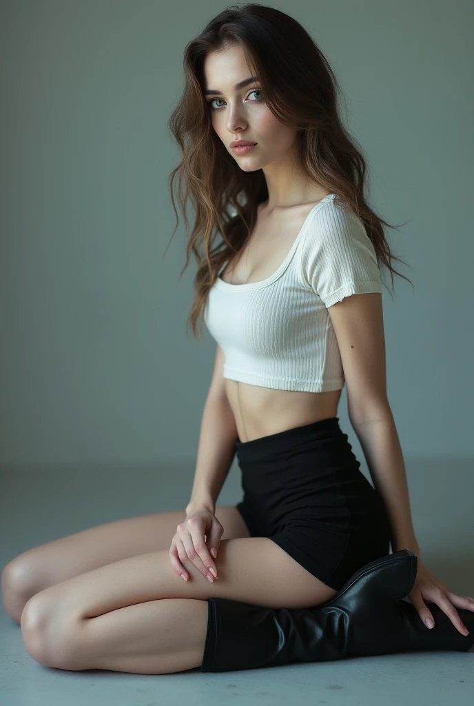 A (((full-body))) picture of an ethereally beautiful 1 girl. Wearing black long skirt and top sexy thighs and bellyShe has youthful caucasian features and ((very pale white skin)). Her eyes are a striking blue, and she is wearing ((heavy black eye makeup)). She has a very slim body with long thin legs and large round breasts. She is wearing a tight white crop top, a very short black miniskirt, and black boots. She is sitting in a provocative pose that shows off her legs, and her (((whole body from head to toe))) is shown in the photo.
