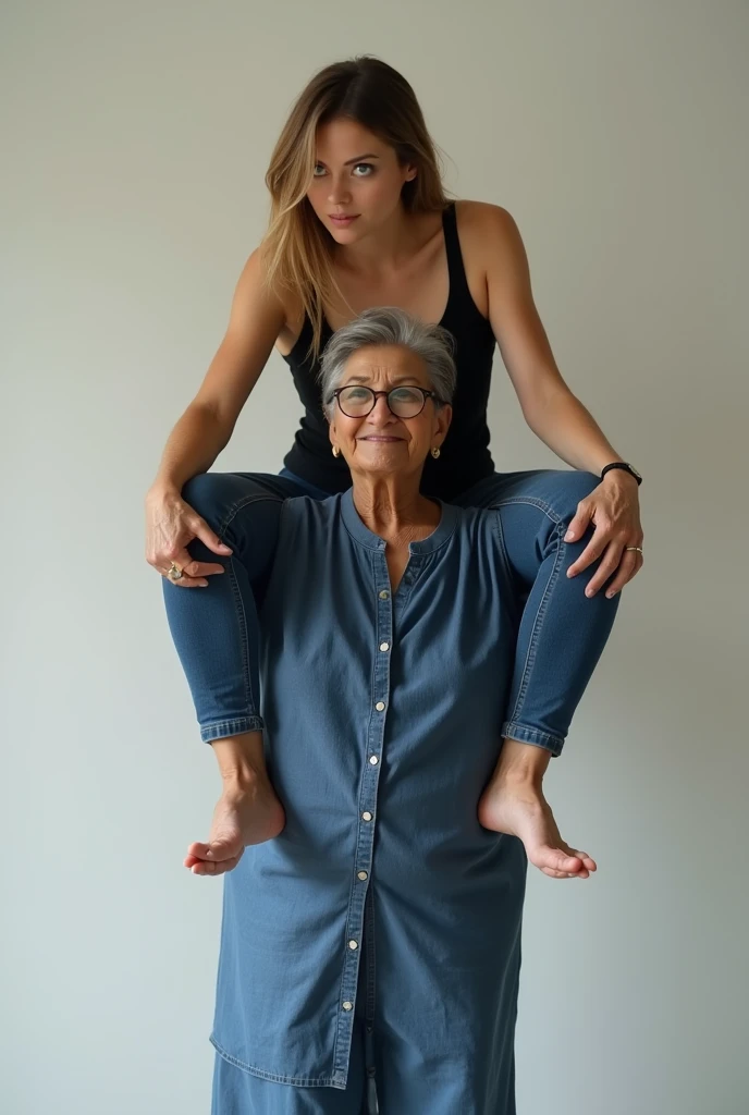 Create a photo of a 30 year old young woman, with a slender and beautiful body, wearing blue gym shorts and black lace bra, with white and clear skin, with long light brown hair, wearing hoop earrings stands with her back to the camera as she is lifted high on the shoulder by an obese black 90 year old woman, dark black skinned, who has short hair, who wears glasses and a blue dress