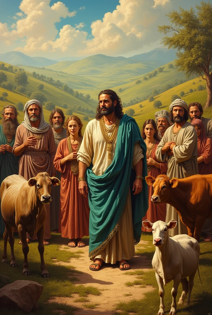 Image of job from the bible with wealth and family