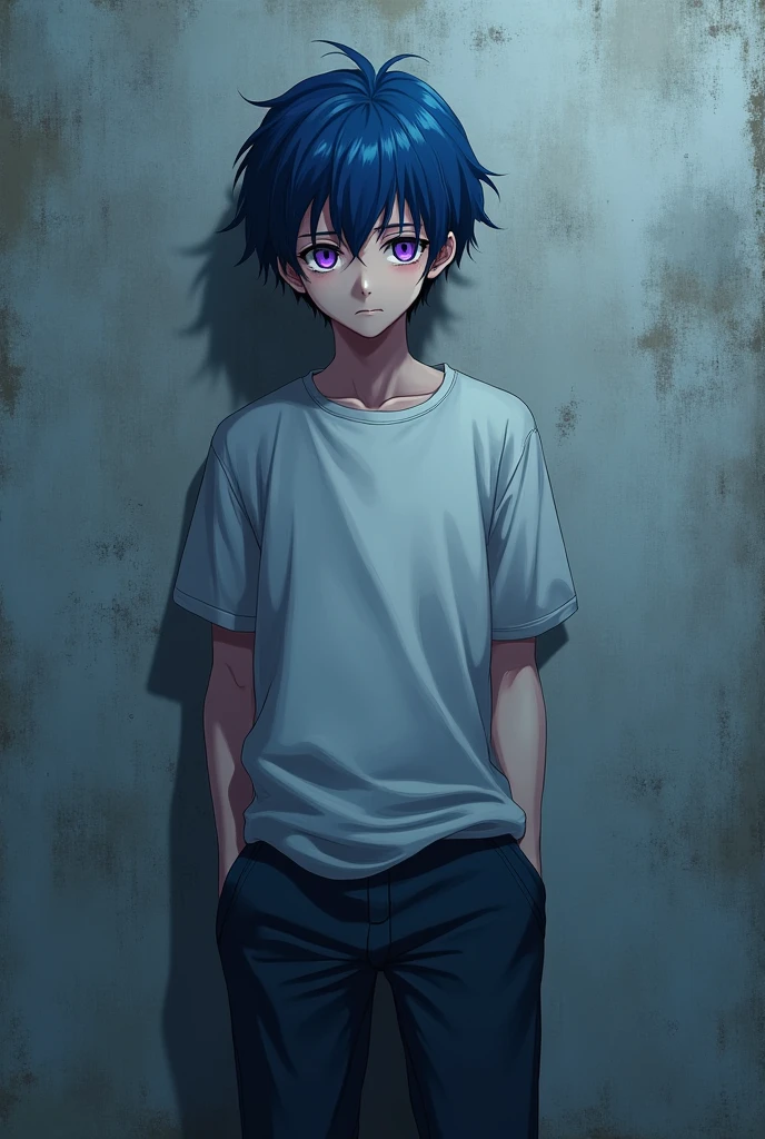 blue hair with purple eyes anime boy leaning against a wall, hands in
pockets, not happy