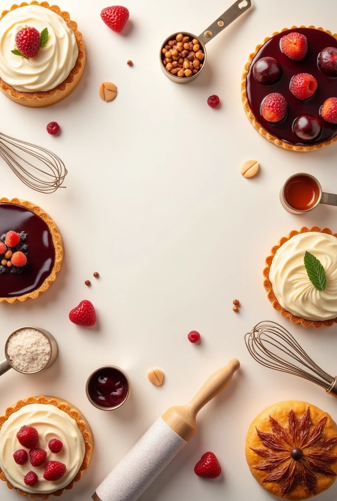 Make an image that looks like a Facebook profile cover, that is related to pastry, with cakes and pastry utensils, Let it be simple but beautiful 