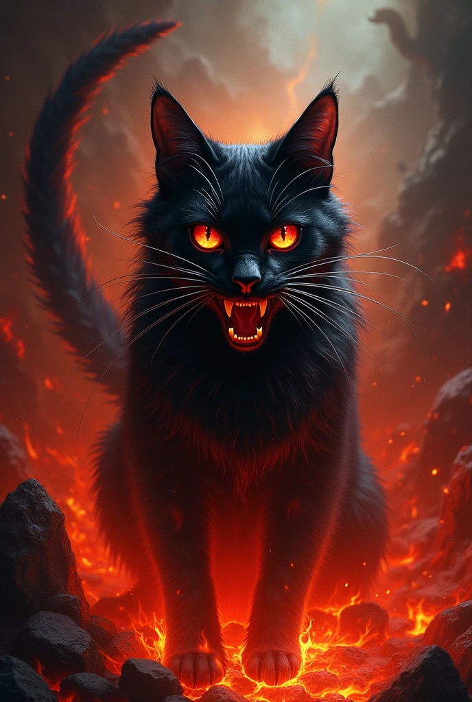 Create a playing card with a drawing of a black cat and fire Hell&#39;s cat