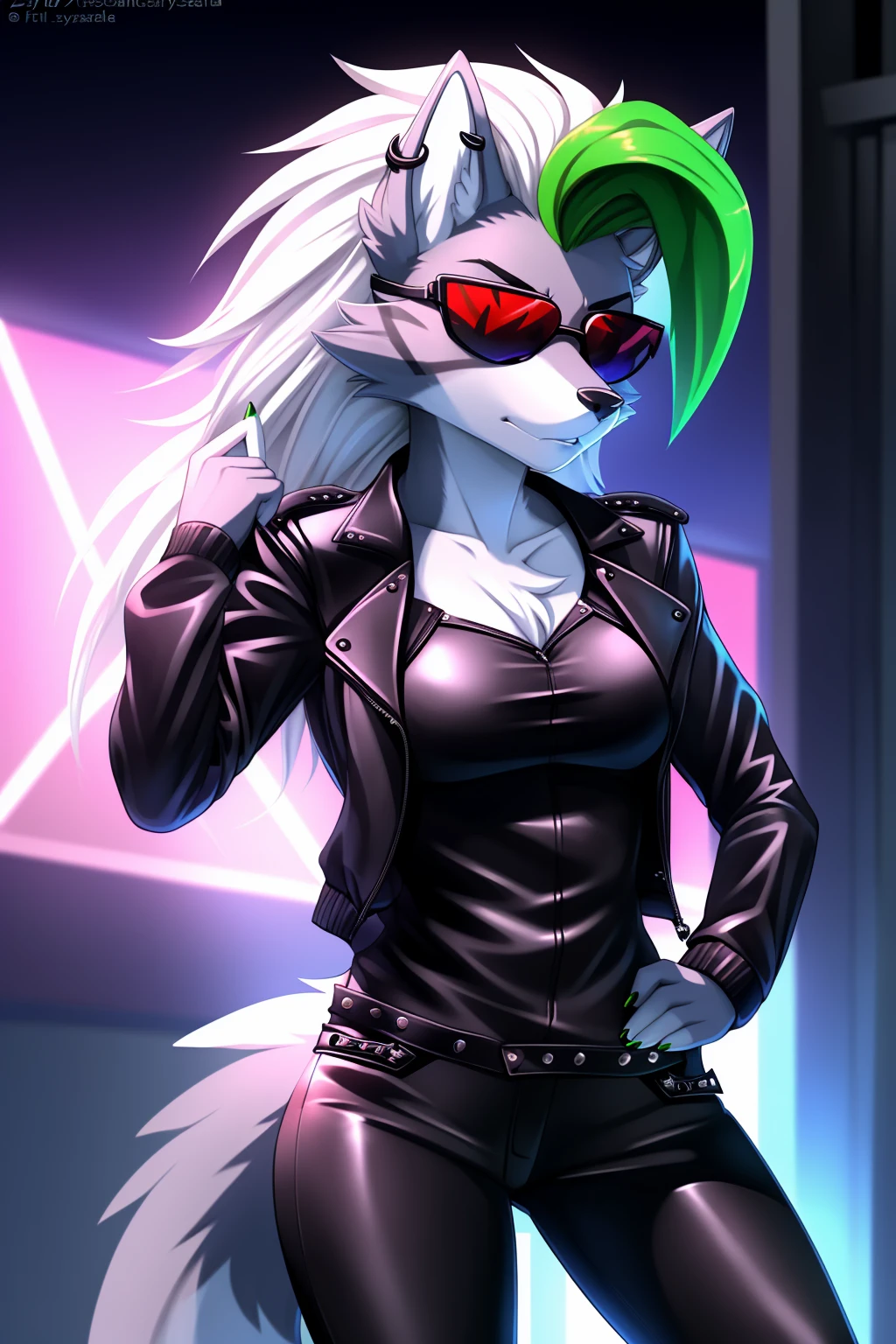 By zinfyuu on pixiv,by twistedscarlet60, uploaded on pixiv, by fluff-kevlar, (masterpiece), (best quality), (anthro furry:1.3, snout:1.2, anthro:1.3, furry:1.2, solo female:1.2), (extremely detailed:1.3), (Detailed eye part: White lens, yellow iris,black cornea), tall, slim body, grey fur, roxanne, roxanne wolf, (black leather jacket:1.5), black jacket, leather jacket, black leather pants, black pants, leather pants, (sunglasses:1.2), rectangular sunglasses, dark sunglasses, dark glasses, black sunglasses, serious face,