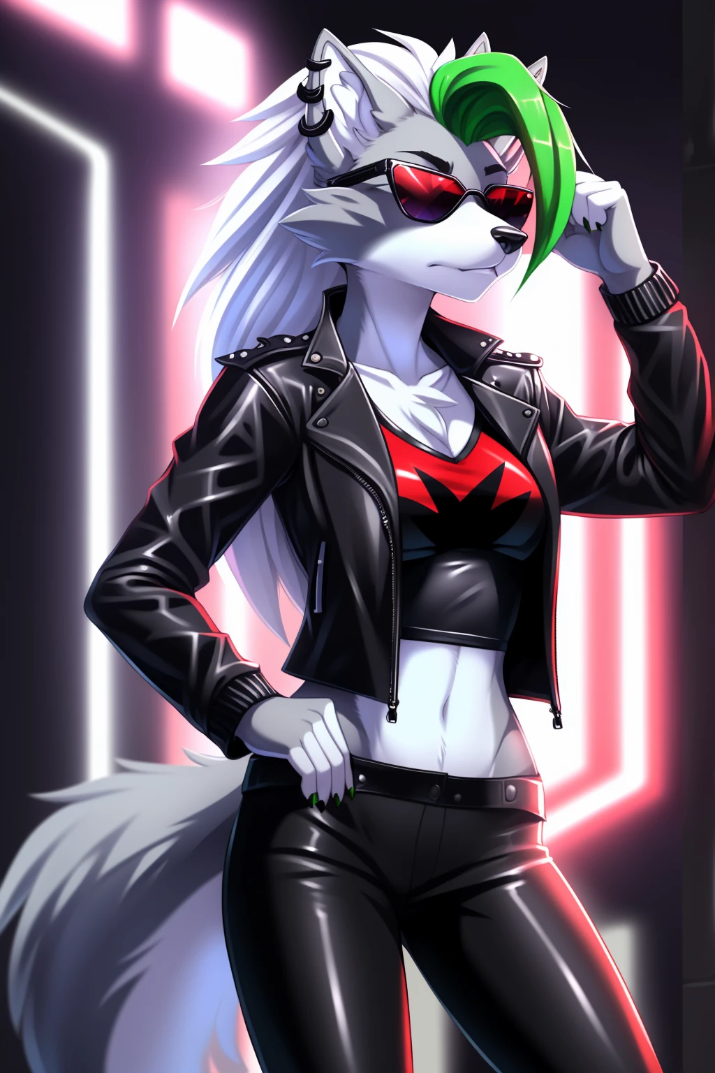 By zinfyuu on pixiv,by twistedscarlet60, uploaded on pixiv, by fluff-kevlar, (masterpiece), (best quality), (anthro furry:1.3, snout:1.2, anthro:1.3, furry:1.2, solo female:1.2), (extremely detailed:1.3), tall slim body, grey fur, roxanne, roxanne wolf, (black leather jacket:1.5), black jacket, leather jacket, black leather pants, black pants, leather pants, (sunglasses:1.2), rectangular sunglasses, dark sunglasses, dark glasses, black sunglasses, serious face, 