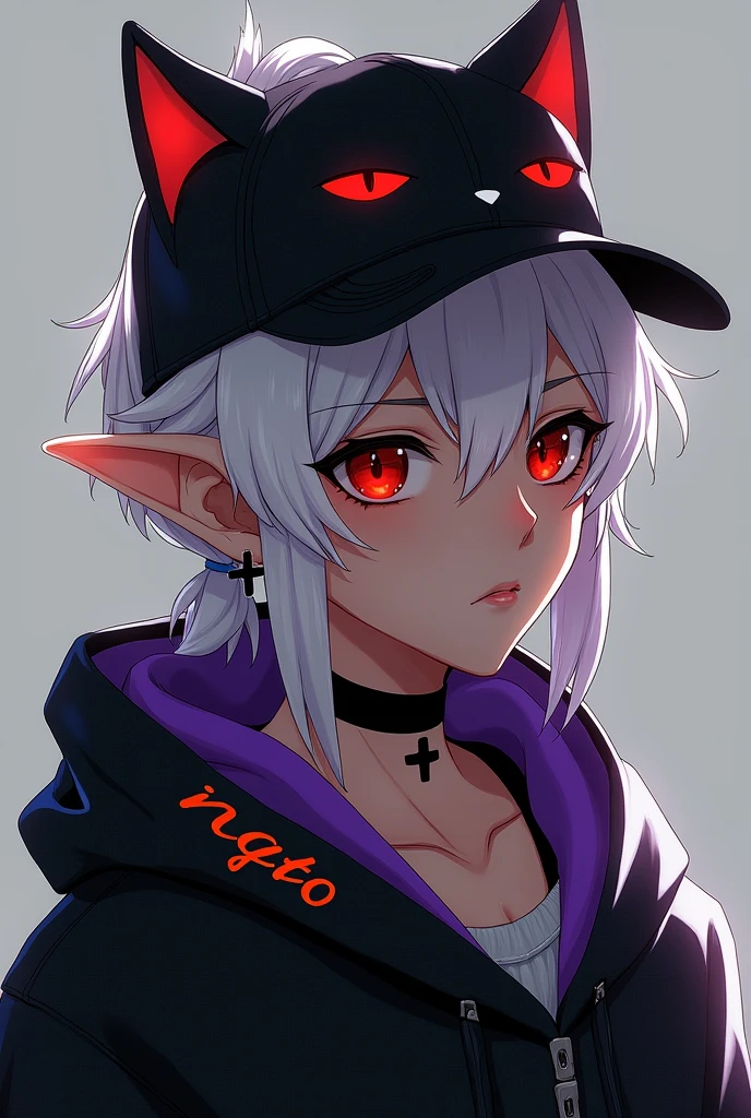 young man, Black skin tone, dark red eyes, wears prescription glasses, White hair, hair tied with ponytail, 2 strands of hair in the front, elf ear, wearing black cross earring, wears an all black cap with a cat face, wears a closed hood with two different colors, black on one side and purple on the other, with an orange name written: NGGTO 