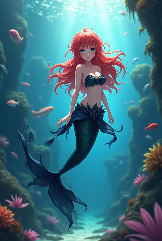 I will be in an aquarium, with red hair, eye white, black tail, pretty, アニメ