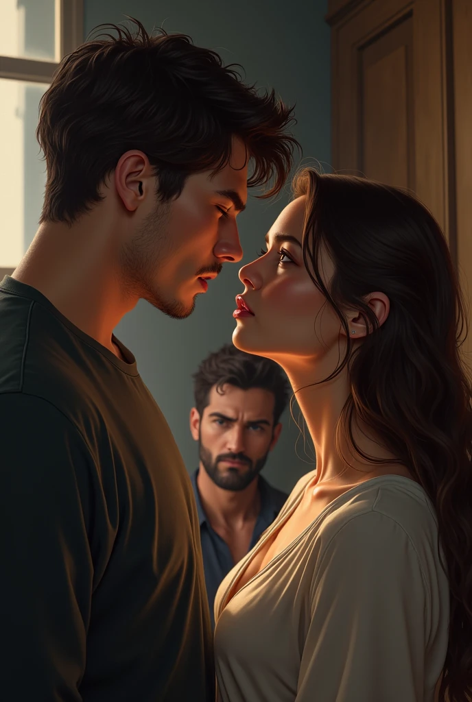 Un couple, homme regarde la femme avec désirs car il l'aime. La femme elle est plus triste, perturber. Un autre hommes la regarder un ancienne amour. Style réaliste