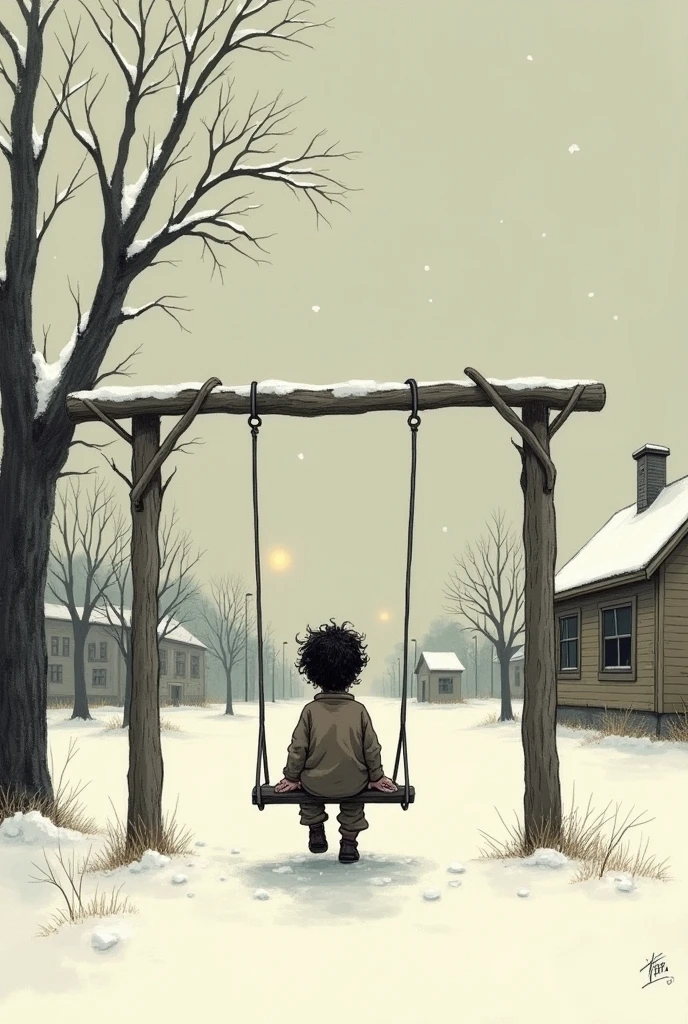 In that same drawing style make a very simple drawing of a orphan boy with curly hair sitting on a swing outside a school in a small town on Christmas Eve.