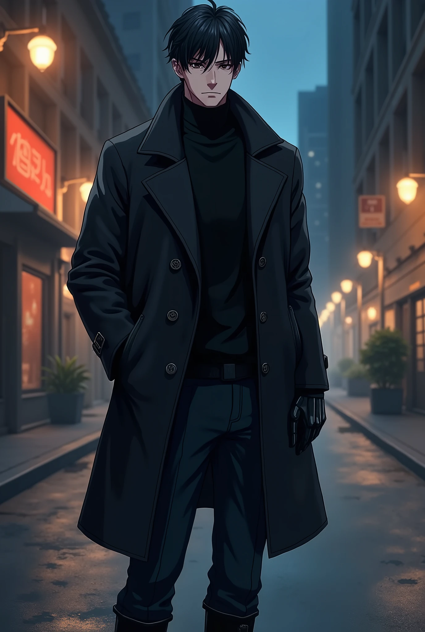 make this art in anime style. naughty man, white-skinned, with 1,75 m high, brawny. He has short, slightly messy black hair., dark brown eyes and a serious expression, but confident. He is wearing black gloves that give a mysterious touch, matching your style. Wears dark gray military pants, slightly fitted to the body, that falls softly over well-polished black leather boots.
The highlight of the look is a long, dark overcoat., with a perfect fit, reaching almost to the knees. The fabric of the coat has a modern touch, with a light wool texture, contrasting with the discreet metal buckles on the boots. He's in an upright pose, with one hand in the coat pocket and the other holding the gloves in a relaxed movement. The background could be an urban street at night., illuminated by streetlights, creating an air of mystery and urban style. make a clearer picture