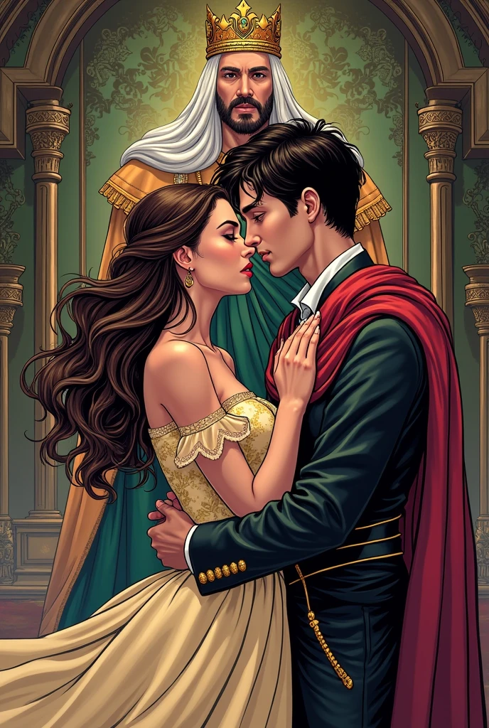 A page from a comic where a princess and a boy have a secret romance and the king sees them by chance.