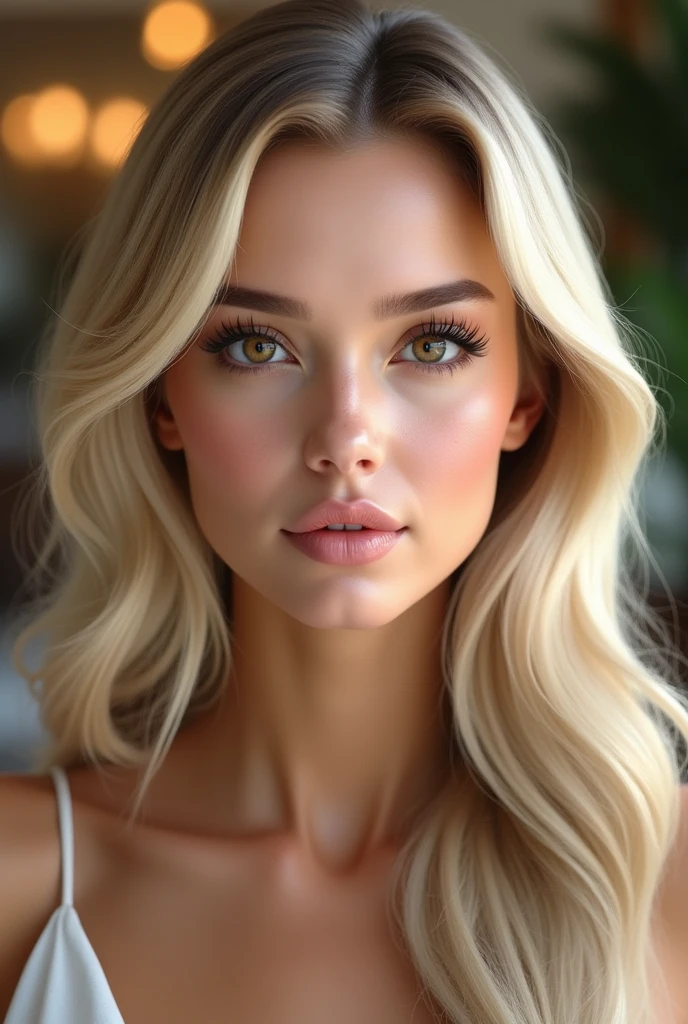 A stunning blonde woman aged between 25 to 30 years, designed using a precise facial model with specific geometric constraints to ensure consistency across different depictions. Her face is divided into a grid system that aligns key features in a proportional and symmetrical manner, following the golden ratio for facial length-to-width. Her long, flowing blonde hair frames her face with a natural shine, and the soft waves are meticulously detailed to reflect light consistently. Her naturally arched, well-groomed eyebrows maintain a precise distance from her large, almond-shaped hazel eyes, ensuring a balanced interocular distance. The eyes are rendered with detailed sclera and iris textures, with consistent light reflections for lifelike realism. The straight, well-proportioned nose features a nasal length aligned with the lip distance, with shadows falling naturally to enhance depth. Her full, naturally pink lips are slightly parted, with a defined cupid’s bow and subtle gloss, maintaining a soft curvature that complements her chin and jawline. High, well-defined cheekbones are highlighted with gentle shading, adding to her sculpted look while ensuring zygomatic width consistency. Her smooth, flawless skin texture is detailed with subtle pores and an even tone, preserving a youthful, radiant glow. Makeup is applied in natural tones, enhancing but not altering her appearance. Set against a luxury hotel lobby backdrop, the scene uses a soft frontal light source at a 45-degree angle to enhance her features without creating harsh shadows. The facial features are maintained even with slight changes in expression, ensuring that all renderings align with the established baseline model for ultimate consistency.