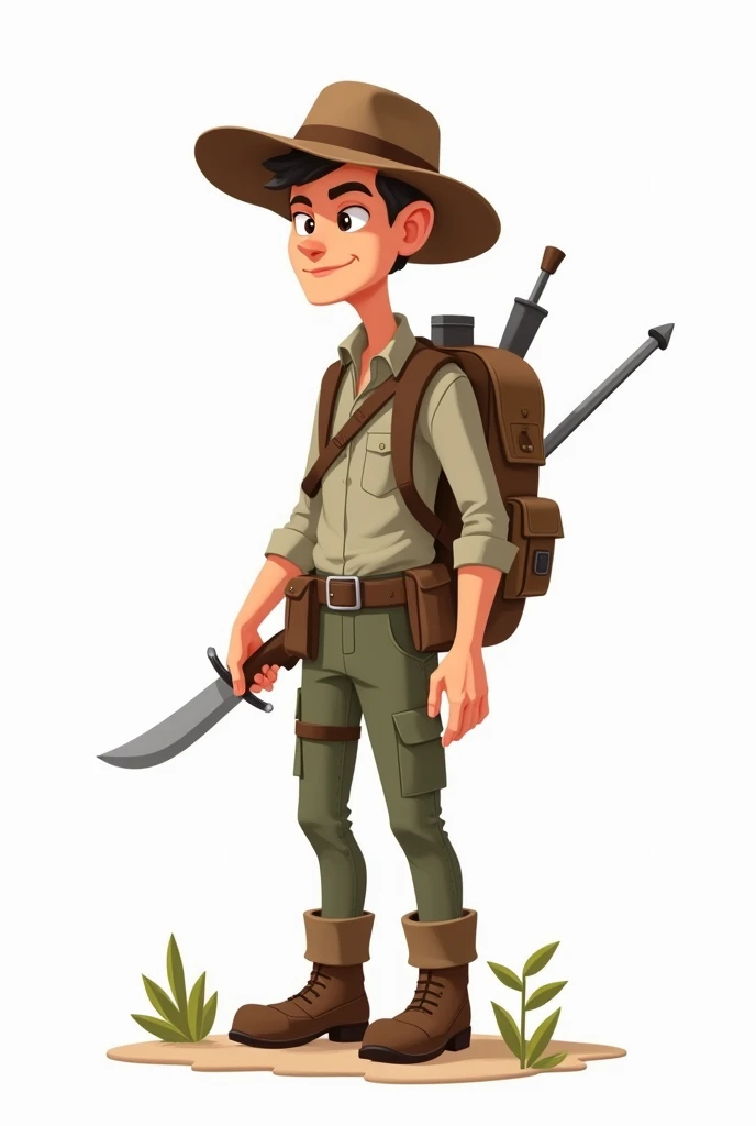 2d cartoon human hunter on white background thin and not sexy, CARTOON armed