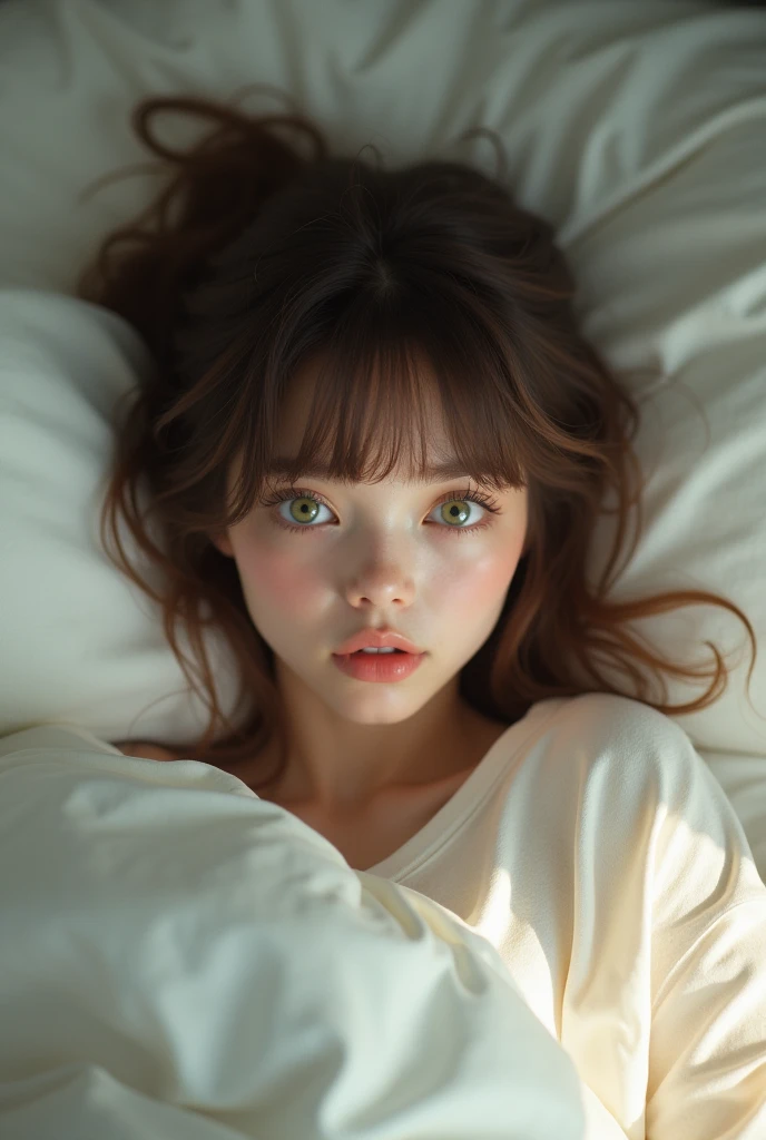 For coffee, shoulder length, with bangs, light green eyes, 20 years old, linda, that is in a bed, covered with white blankets