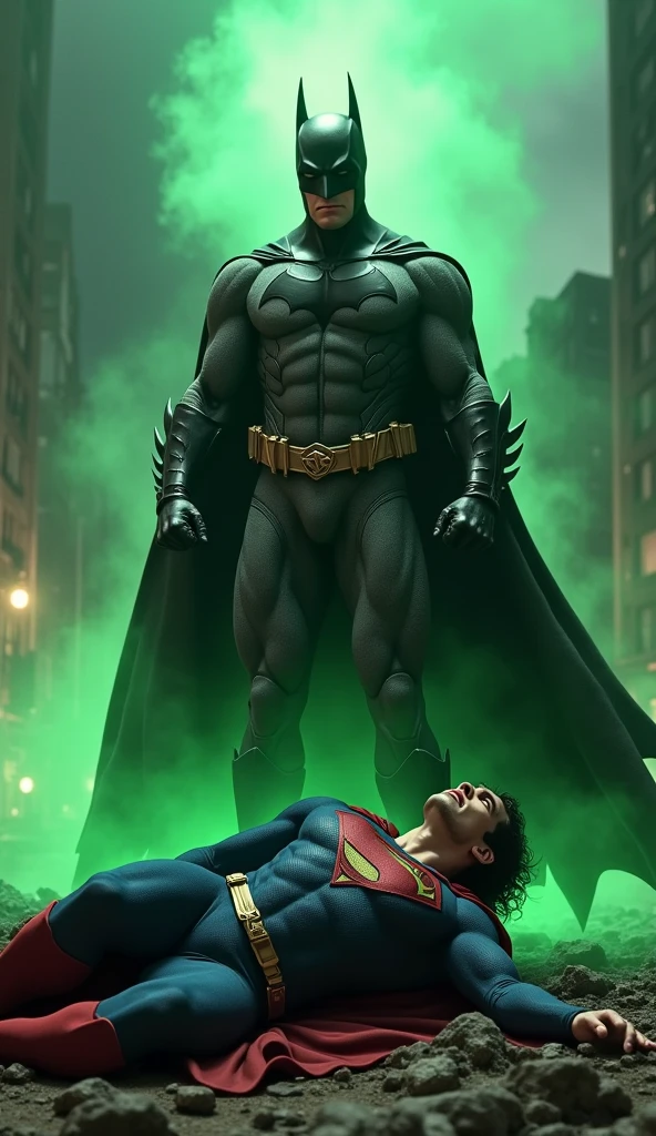 Create a powerful and dramatic image showing Batman triumphing over Superman using a green kryptonite stone. In the foreground, Batman must be in a confident pose, holding green kryptonite in one hand, with the detailed costume and his determined expression. Superman is lying on the ground, visibly weakened and in pain, wearing his traditional blue and red costume. Your posture should convey weakness, with knees bent and arms extended to the side. The scene must take place in a destroyed urban environment, with ruined buildings and rubble all around. Lighting should focus on green kryptonite, with an intense brightness that contrasts with the dark and dramatic atmosphere. The background should reflect the intensity of the battle, with dark clouds and dramatic lighting that highlights the central scene.