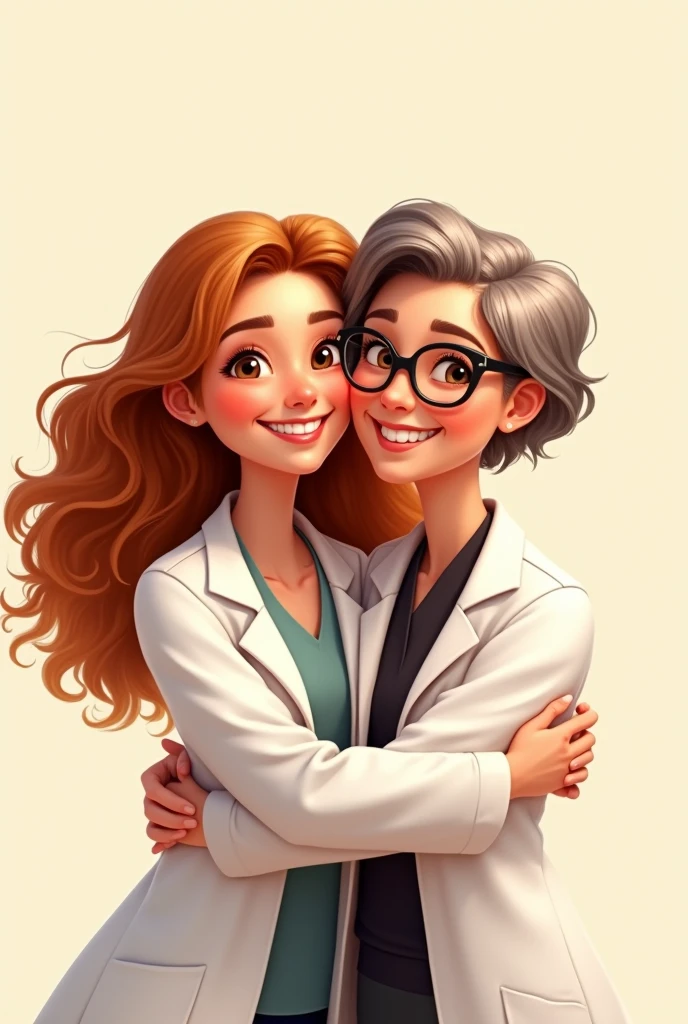 


Me: White, light brown almost honey eyes, long curly copper-blonde hair type 3A, 159cm tall 24 years old. My teacher: Woman, short brown hair, wears glasses, brown eyes, smiles a lot. 164cm tall. 64 years old. Both in coats hugging and smiling Pixar-like art.
"Create a Pixar-style digital illustration celebrating Psychology Day. The image should feature two women in white lab coats, warmly embracing and smiling. The first woman is 2, around 159 cm tall, with long, curly, coppery-blonde hair (type 3A), light brown eyes that are almost honey-colored, and fair skin. The second woman is 6, taller at 164 cm, with short short brown hair, wearing glasses, brown eyes, and fair skin. The older woman should have distinct facial features that reflect her age but in a stylized Pixar manner, while the younger woman should have a youthful appearance. Both women should have expressive faces and the warm, joyful style typical of Pixar characters. The background should be simple and light, emphasizing their close bond.