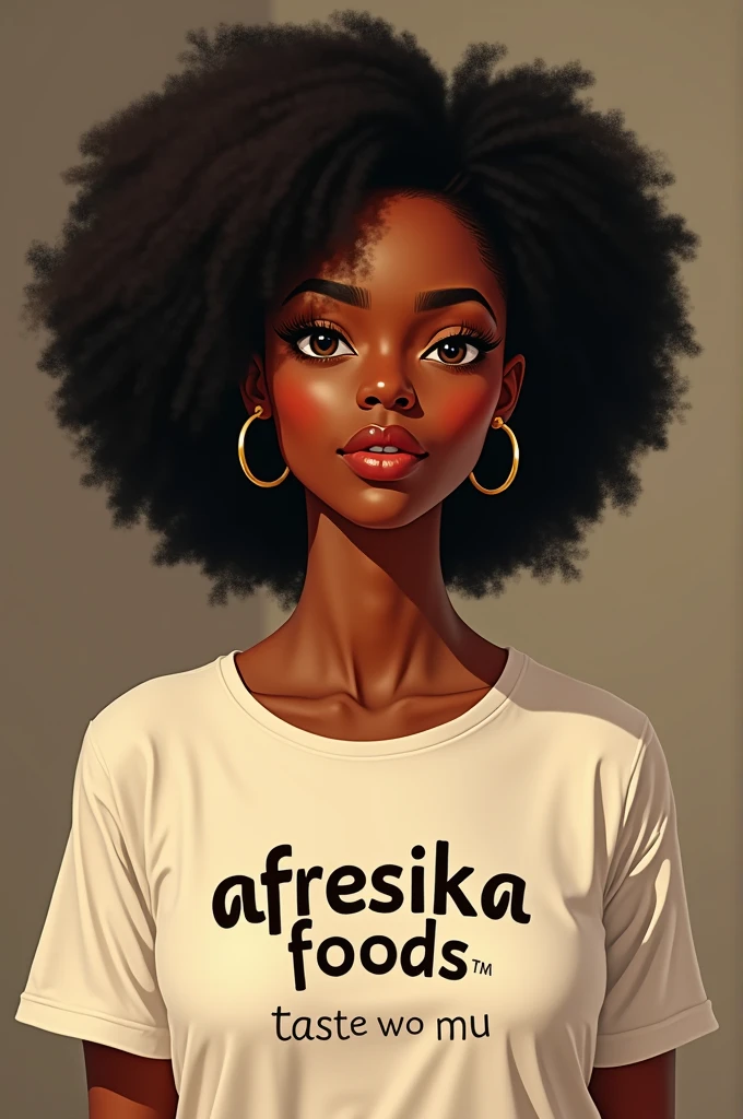 A beautiful young black lady wearing a T-shirt with Afresika Foods written on it with the slogan Taste Wo Mu written beneath 