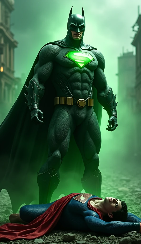 Create a powerful and dramatic image showing Batman triumphing over Superman using a green kryptonite stone. In the foreground, Batman must be in a confident pose, holding green kryptonite in one hand, with the detailed costume and his determined expression. Superman is lying on the ground, visibly weakened and in pain, wearing his traditional blue and red costume. Your posture should convey weakness, with knees bent and arms extended to the side. The scene must take place in a destroyed urban environment, with ruined buildings and rubble all around. Lighting should focus on green kryptonite, with an intense brightness that contrasts with the dark and dramatic atmosphere. The background should reflect the intensity of the battle, with dark clouds and dramatic lighting that highlights the central scene.