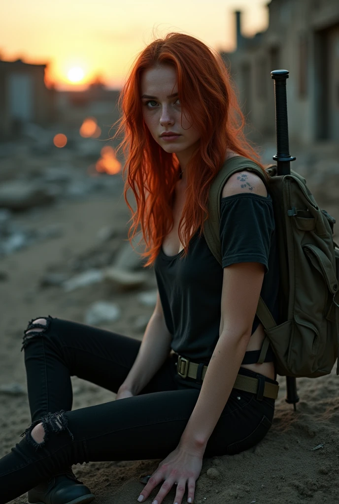 a cinematic portrait, focused on a subtle apocalyptic survivor. epic cinematography, the survivor is a girl with red hair, long disheveled hair, with a t-shirt that shows her shoulders, a torn t-shirt, a short black t-shirt, a torn t-shirt on the right breast, the nipple can be seen, tight black jeans, short and broken, backpack on his back, knife in his belt, bat in his right hand and crossbow next to the backpack on his back, dirty post-apocalyptic terrain, sweaty face, sitting among the ruins, sunset, dim light, campfires in the distance, full body, detailed body, a nipple is visible in the torn t-shirt, military boots
