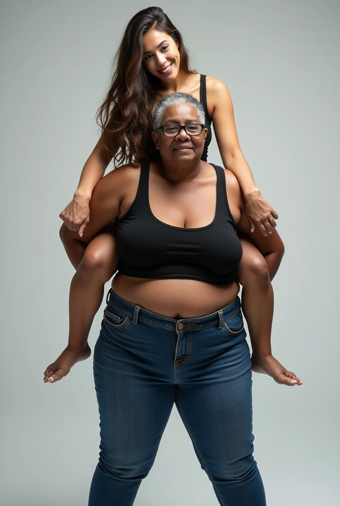 Create a photo of a 30 year old young woman, with a slender and beautiful body, wearing a black low-cut tank top and jeans, with white and clear skin, with long light brown hair and has her back to the camera as she is lifted high by the waist by an obese black 90 year old lady, dark black skinned, who has short hair, who wears glasses and a blue dress