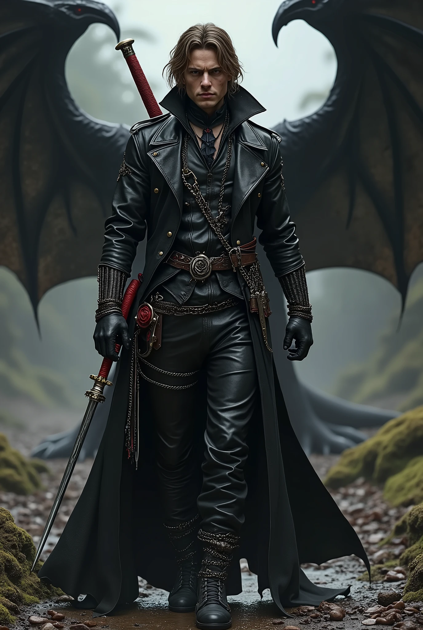 He wears a black leather jacket, a pair of black leather pants, a leather boot with chains holding it to the ankle, he has a red scabbard for a sword, some daggers on the side, he has light brown hair, dark shaped eyes, and all over his clothes there are designs of black roses decorating, the only visible parts are the face and hands.
Make with black dragons background