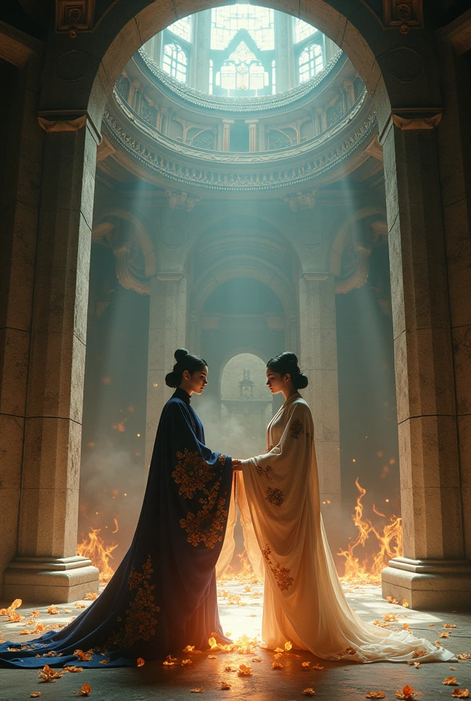 Highest quality, masterpiece, Ultra-high resolution, sorcerer and sorceress conjuring a spell, Detailed Background, Ancient Castle, Absurd, Perfect Anatomy, performance, Good lighting, Shadows in the movies (kimono)