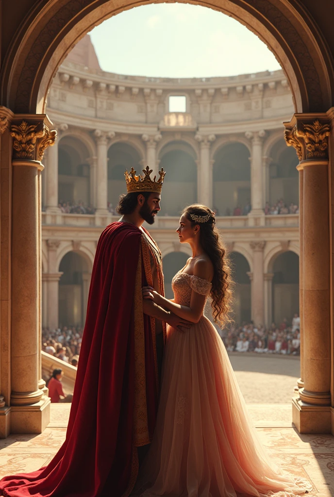 Picture of a king and a princess, in a Greco-Roman coliseum 
