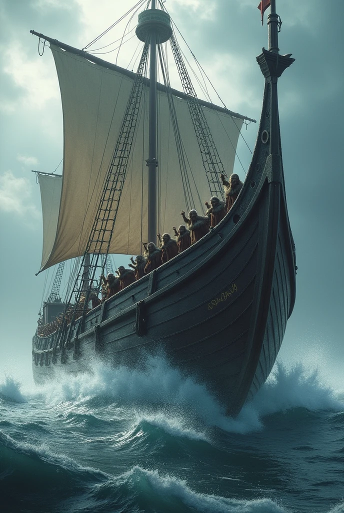 A giant Viking ship full of warriors with the inscription "AVENGERS OF VALHALLA" for a lot, in large size. Several warriors jumping from the boat wielding axes and swords. 