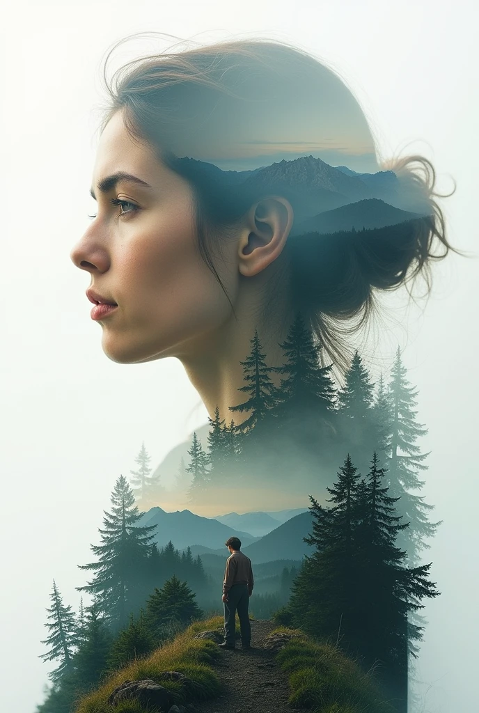 Create a double exposure design with realistic photographs of people and landscapes