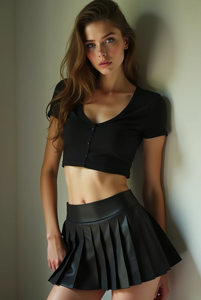 Sexy russian girl wearing school uniform skirt belly visible hot thighs black uniform A (((full-body))) picture of an ethereally beautiful 1 girl. Wearing black schools skirt and top sexy thighs and bellyShe has youthful caucasian features and ((very pale white skin)). Her eyes are a striking blue, and she is wearing ((heavy black eye makeup)). She has a very slim body with long thin legs and large round breasts. She is wearing a tight white crop top, a very short black miniskirt, and black boots. She is sitting in a provocative pose that shows off her legs, and her (((whole body from head to toe))) is shown in the photo.