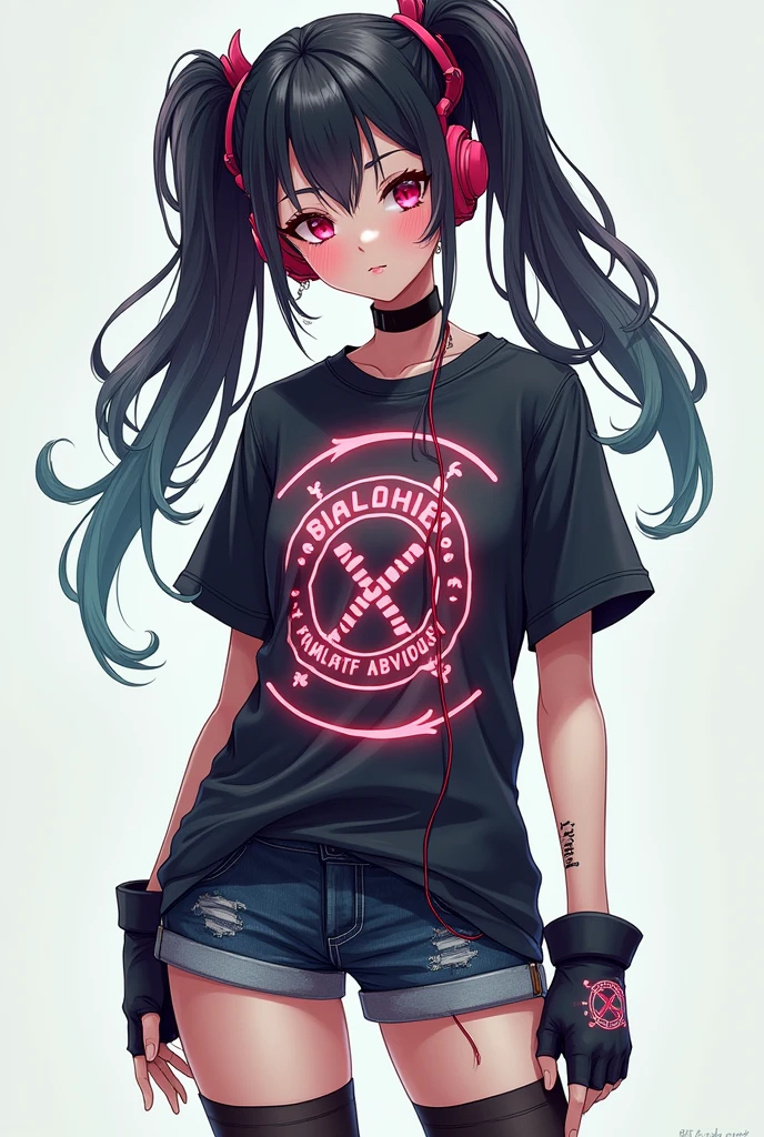Her black hair with a washed-out shade was gathered into two long ponytails., She was wearing headphones. there were piercings on the ears, neon print t-shirt,On her hands were fingerless patas, short jeans,stockings and sneakers.