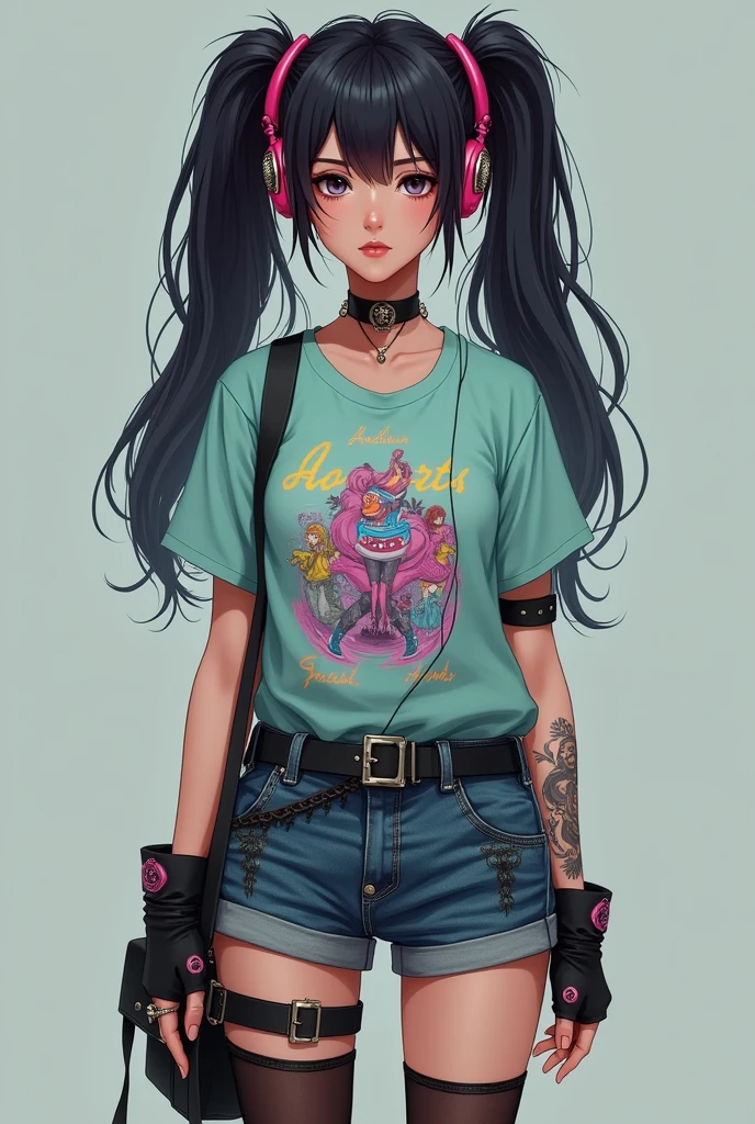 Her black hair with a washed-out shade was gathered into two long ponytails., She was wearing headphones. there were piercings on the ears, neon print t-shirt,On her hands were fingerless patas, short jeans,stockings and sneakers.
