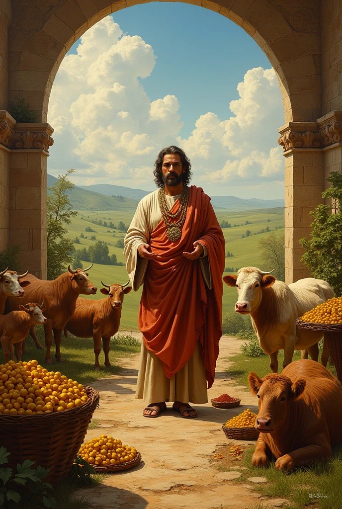 Image of job from the bible with wealth and family