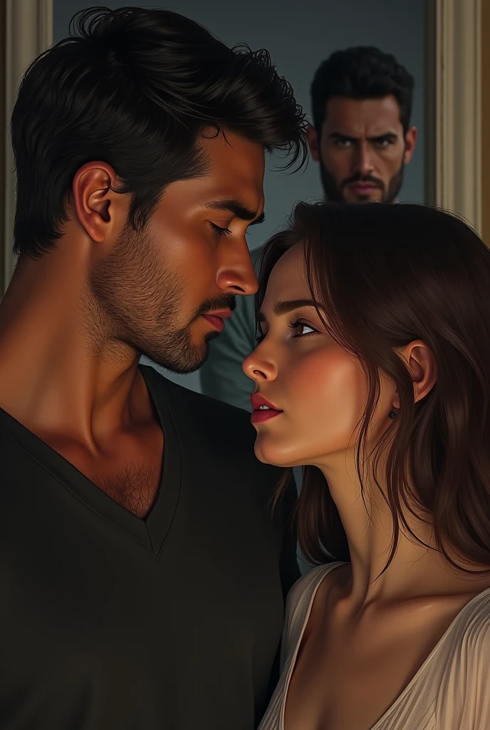 Un couple, homme regarde la femme avec désirs car il l'aime. La femme elle est plus triste, perturber. Un autre hommes la regarder un ancienne amour. Style réaliste