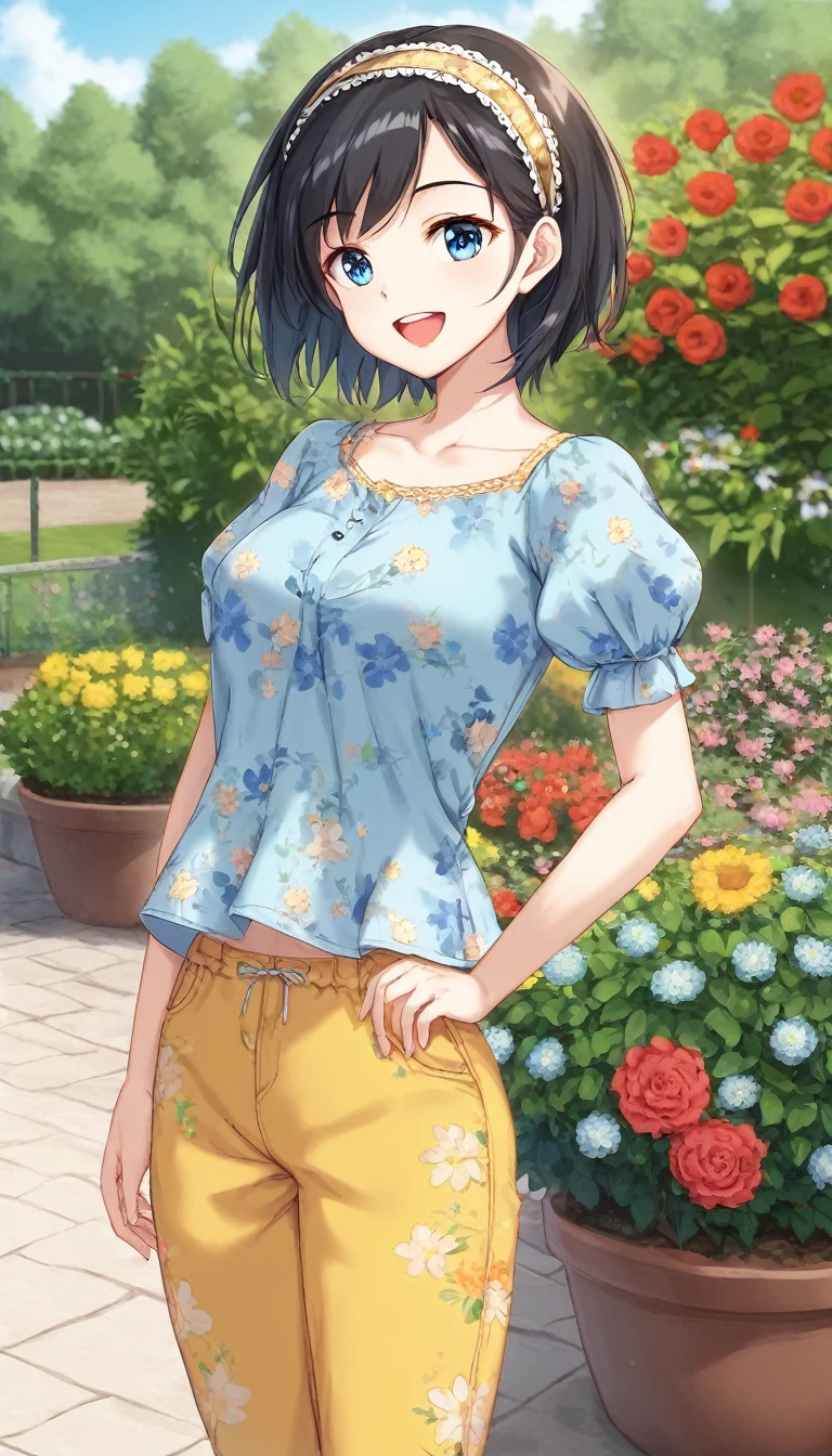 1girl, Solo, black hair, blue eyes, pale skin, blue t shirt, puffy short slevees, yellow pants, short hair, smiling, floral print, open mouth, garden, outdoors, head band, standing, Masterpece, looking at the viewers, cowboy shot, ,looking at veiewers,Best Quality, puffy short sleeves, Masterpece, looking at the viewers, cowboy shot, ,looking at veiewers,Best Quality,
