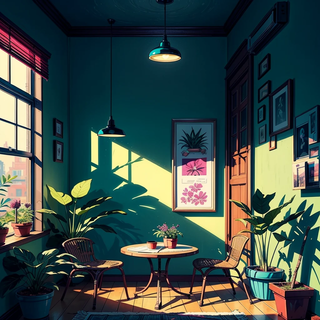 (masterpiece:1), (full anime view:1.5), (a corner of an apartment with dim turquoise light falling:1.6), (table fan on shelf:1.3), silence, (calender on wall:1.4), (wall pensulam clock:1.2), magnificent sky, (Dim volumetric light:1.4), peaceful, (beautiful sky), (teal and magenta tones:1.5), (lofi dim ambience :1.4), (plants pots eith tropical plants: 1.4), (beautiful aesthetics:1.2), (aquarium:1.2), beautiful tones, subtle colors, peaceful, (illustration: 1.0), epic composition, realistic lighting, HD details, masterpiece, best quality, ,