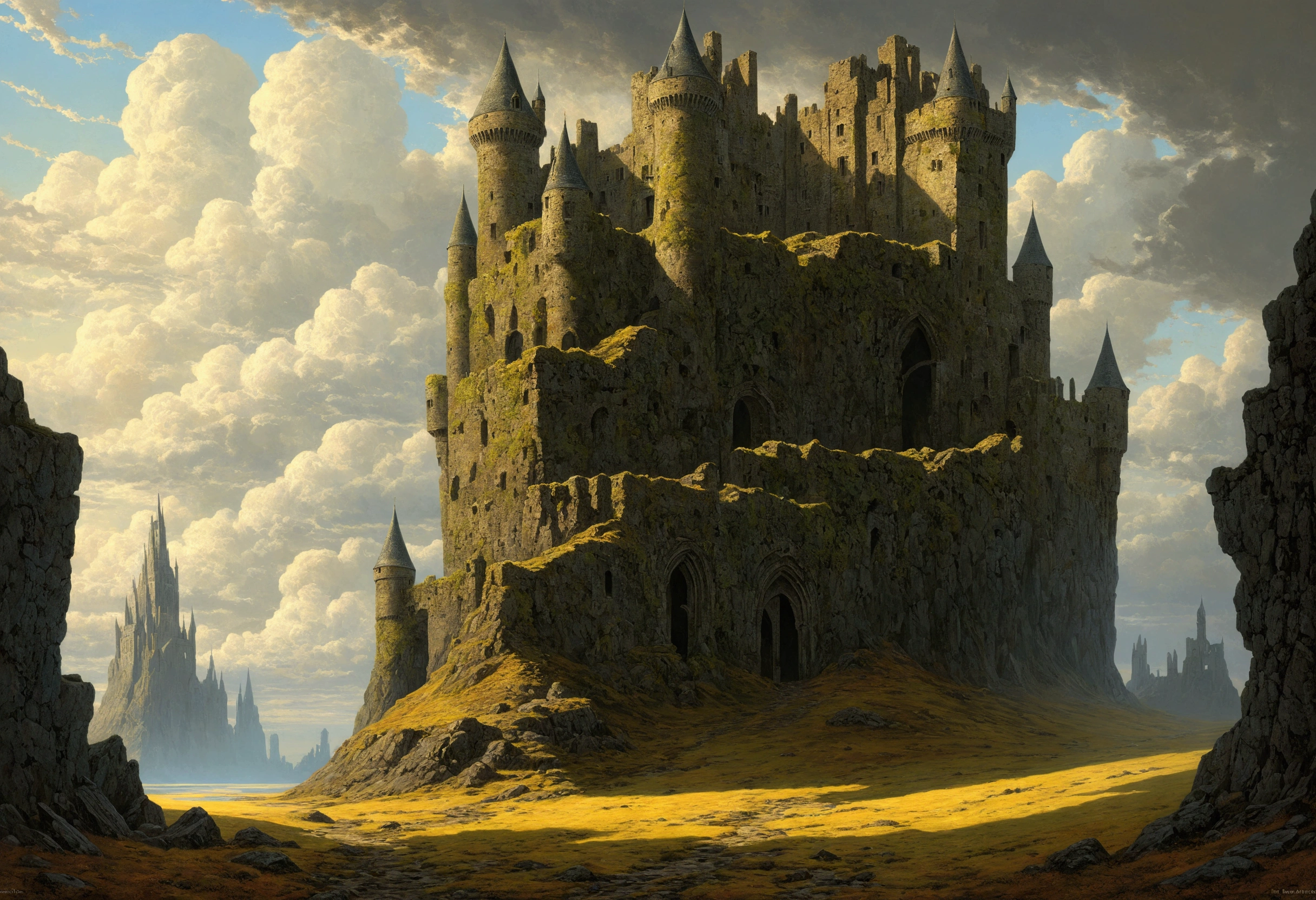 Créez des chefs-d'œuvre dystopiques,Représentez un fort détruit dans un style artistique conceptuel de jeu réaliste.. L'œuvre d'art doit évoquer un sentiment de désolation et de désespoir antique , monde de Tolkien. Gardez un œil sur les subtilités des détails, netteté, et une description très détaillée du château en ruines. Inspirez-vous des styles artistiques de Wayne Barlow et Zdislav Beksiński. Livrez cette image au format d'affichage vidéo, Montrez la sombre beauté de ce monde en décomposition.