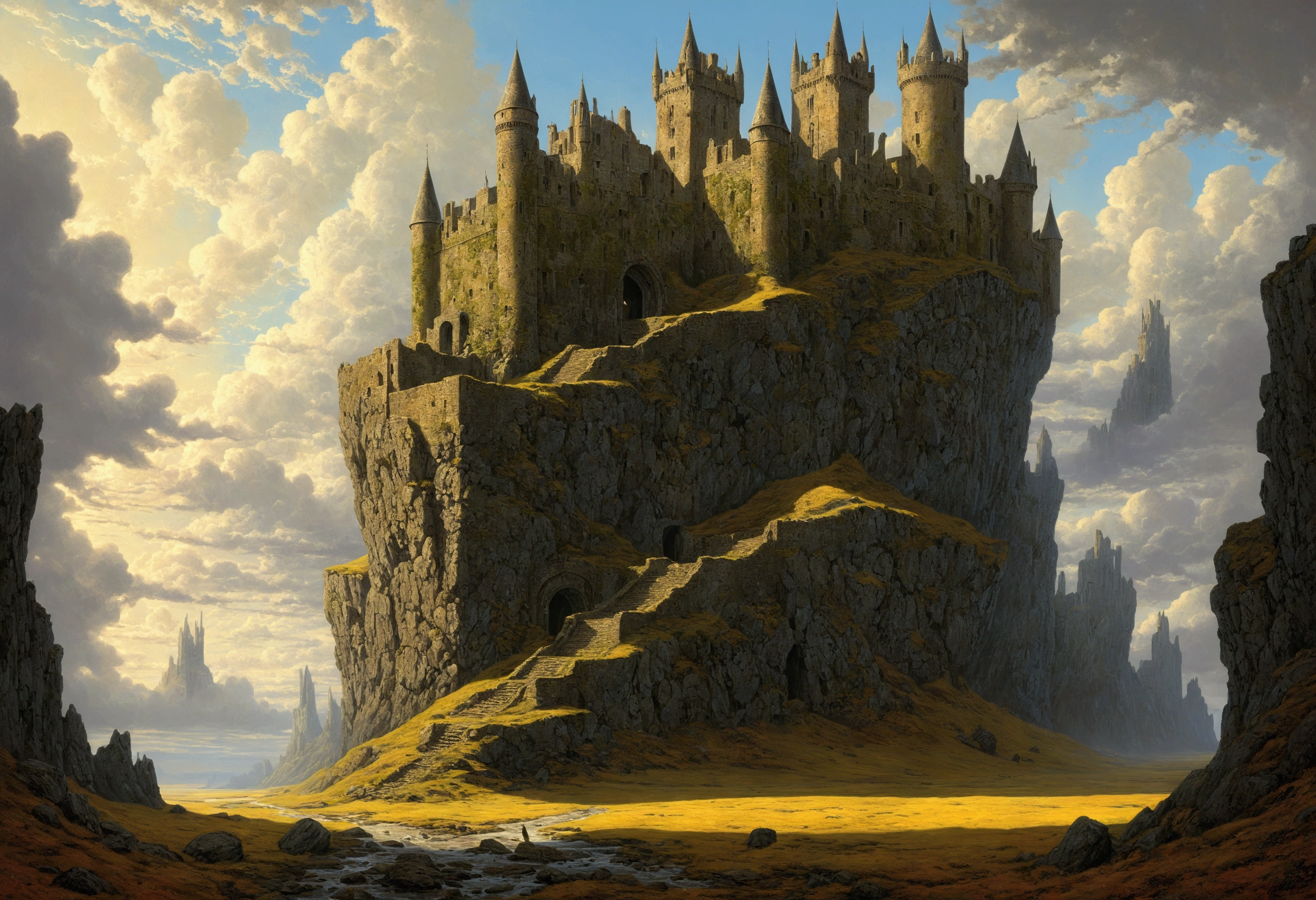 Créez des chefs-d'œuvre dystopiques,Représentez un fort détruit dans un style artistique conceptuel de jeu réaliste.. L'œuvre d'art doit évoquer un sentiment de désolation et de désespoir antique , monde de Tolkien. Gardez un œil sur les subtilités des détails, netteté, et une description très détaillée du château en ruines. Inspirez-vous des styles artistiques de Wayne Barlow et Zdislav Beksiński. Livrez cette image au format d'affichage vidéo, Montrez la sombre beauté de ce monde en décomposition.