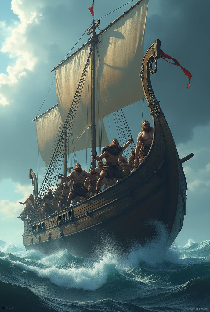 A giant Viking ship full of warriors with the inscription "AVENGERS OF VALHALLA" for a lot, in large size. Several warriors jumping from the boat wielding axes and swords. 