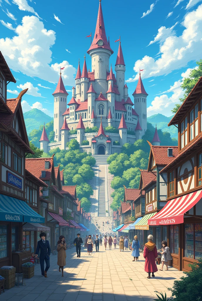 anime city, anime art konosuba style, big city, in the center a large royal castle, right a mansion, on the left commercial stores, a large main street, isometric city view camera