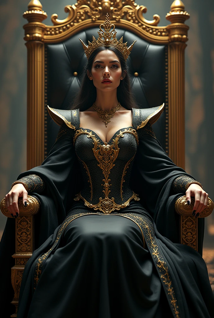 Majestic queen woman black gold sitting on a teon