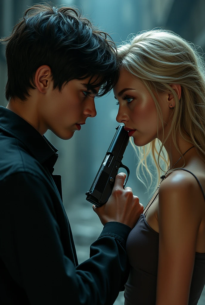 It will generate for me a boy with black hair who is angry and puts a gun to the temple of a beautiful, shapely girl with very long blond hair and blue eyes.