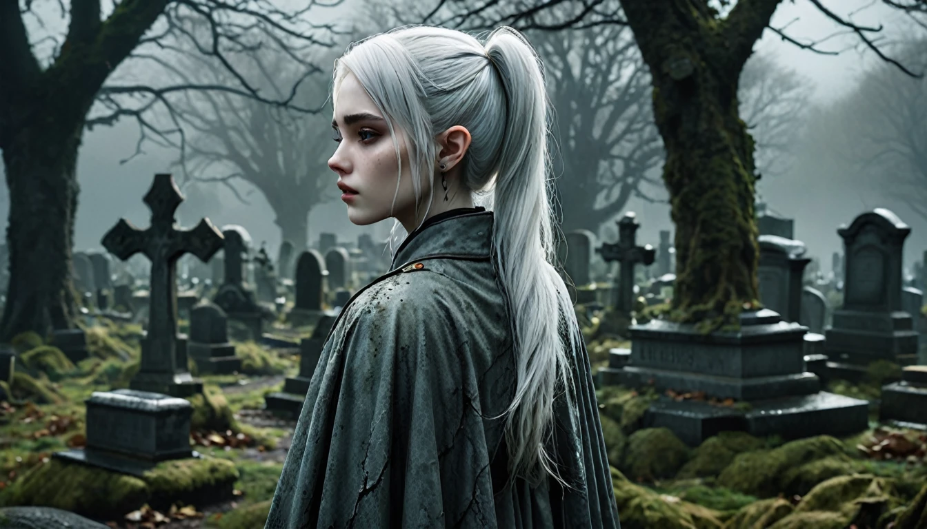 Frieren stands in an old, overgrown cemetery, her back to the camera, with her head bowed as she gazes solemnly at two graves in front of her. Her white hair, styled in twintails, falls softly down her back, slightly tousled by a gentle breeze. Her pointed elven ears are subtly visible through her hair, enhancing her ethereal presence. She is wearing a worn cloak, and the texture of her clothing, along with her skin, appears lifelike and natural, capturing the subtle details of reality. The graves are weathered and partially covered with moss, with cracked headstones showing the wear of time. The environment around her is dark, misty, and melancholic, with dead leaves scattered across the ground, and the tombstones and stone pathways covered in dirt and age. The lighting is moody and atmospheric, highlighting the emotional weight of the moment, making Frieren and the cemetery feel hyper-realistic, as though captured in a high-definition photograph.