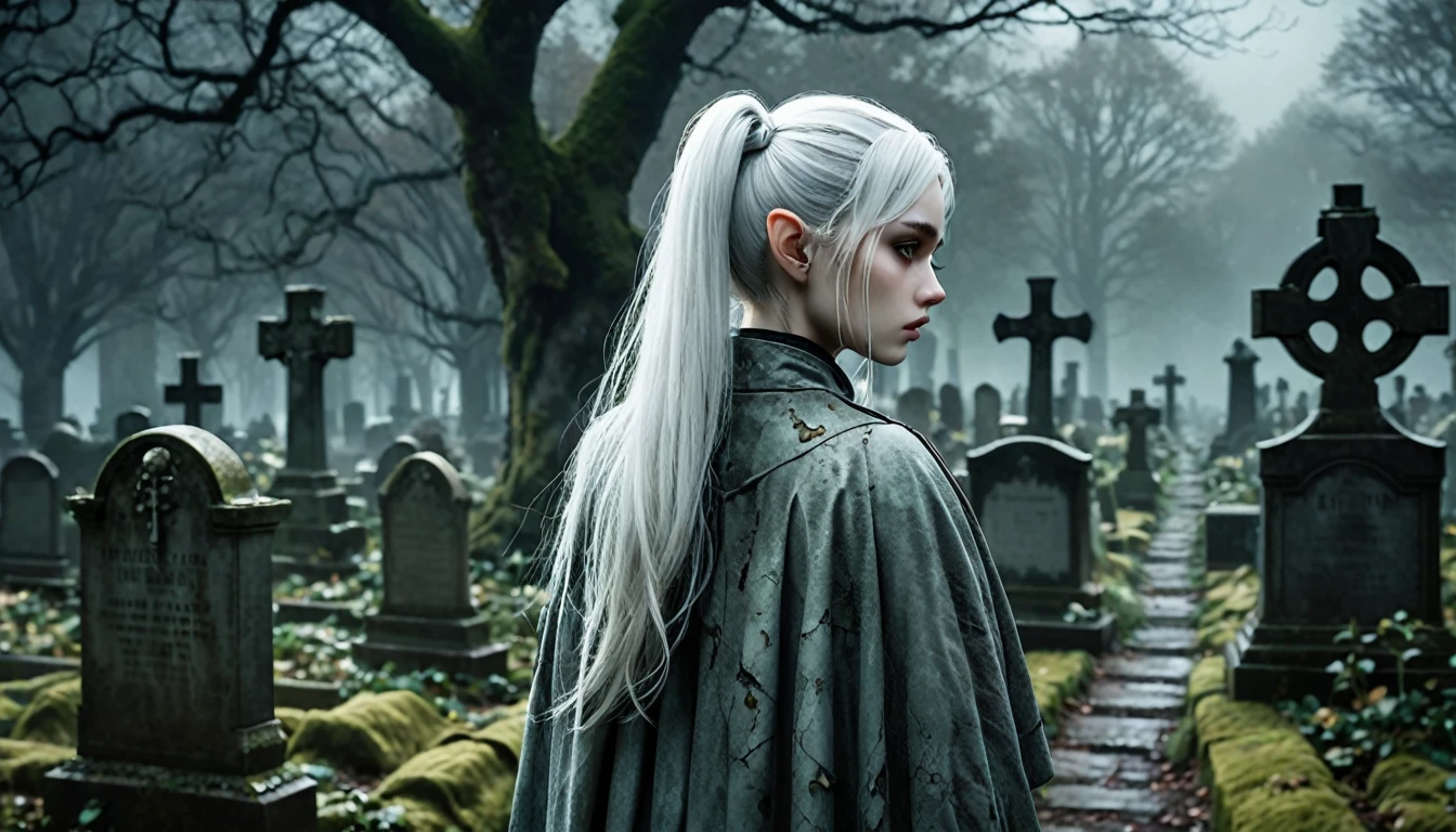 Frieren stands in an old, overgrown cemetery, her back to the camera, with her head bowed as she gazes solemnly at two graves in front of her. Her white hair, styled in twintails, falls softly down her back, slightly tousled by a gentle breeze. Her pointed elven ears are subtly visible through her hair, enhancing her ethereal presence. She is wearing a worn cloak, and the texture of her clothing, along with her skin, appears lifelike and natural, capturing the subtle details of reality. The graves are weathered and partially covered with moss, with cracked headstones showing the wear of time. The environment around her is dark, misty, and melancholic, with dead leaves scattered across the ground, and the tombstones and stone pathways covered in dirt and age. The lighting is moody and atmospheric, highlighting the emotional weight of the moment, making Frieren and the cemetery feel hyper-realistic, as though captured in a high-definition photograph.