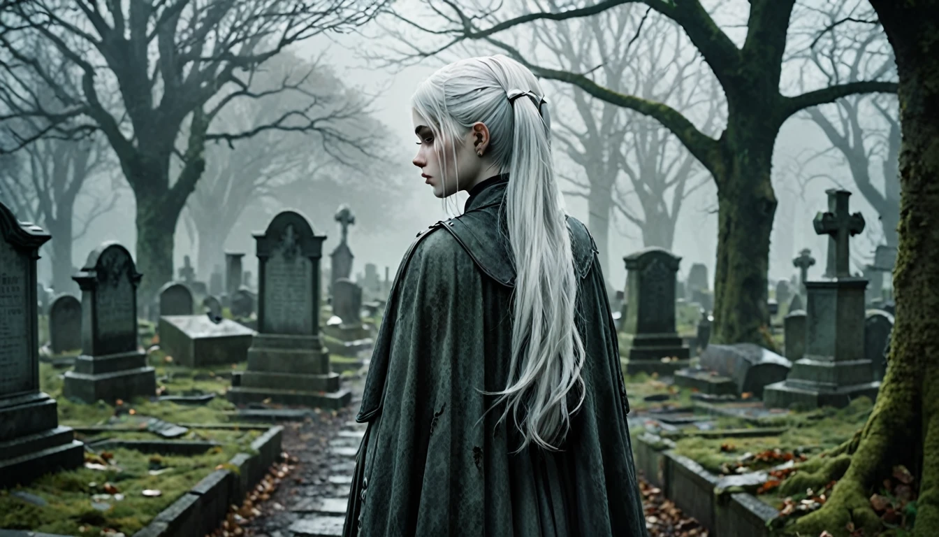 Frieren stands in an old, overgrown cemetery, her back to the camera, with her head bowed as she gazes solemnly at two graves in front of her. Her white hair, styled in twintails, falls softly down her back, slightly tousled by a gentle breeze. Her pointed elven ears are subtly visible through her hair, enhancing her ethereal presence. She is wearing a worn cloak, and the texture of her clothing, along with her skin, appears lifelike and natural, capturing the subtle details of reality. The graves are weathered and partially covered with moss, with cracked headstones showing the wear of time. The environment around her is dark, misty, and melancholic, with dead leaves scattered across the ground, and the tombstones and stone pathways covered in dirt and age. The lighting is moody and atmospheric, highlighting the emotional weight of the moment, making Frieren and the cemetery feel hyper-realistic, as though captured in a high-definition photograph.