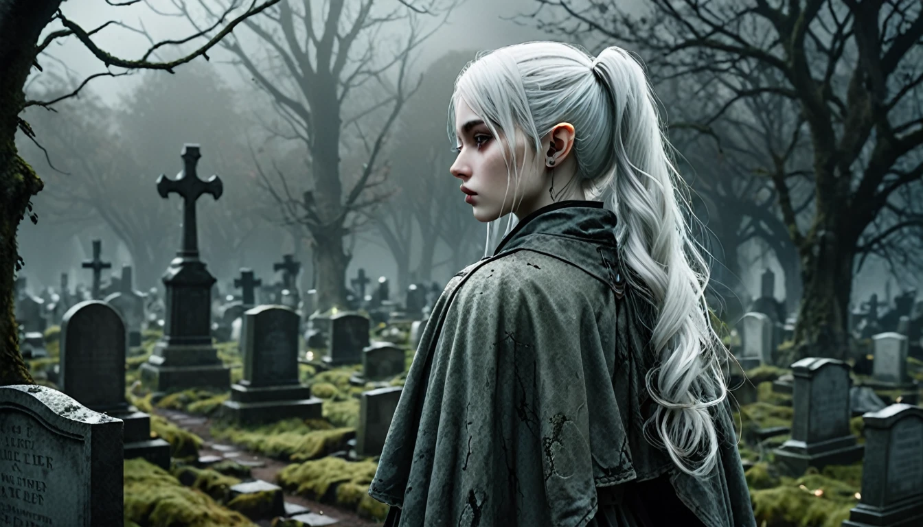 Frieren stands in an old, overgrown cemetery, her back to the camera, with her head bowed as she gazes solemnly at two graves in front of her. Her white hair, styled in twintails, falls softly down her back, slightly tousled by a gentle breeze. Her pointed elven ears are subtly visible through her hair, enhancing her ethereal presence. She is wearing a worn cloak, and the texture of her clothing, along with her skin, appears lifelike and natural, capturing the subtle details of reality. The graves are weathered and partially covered with moss, with cracked headstones showing the wear of time. The environment around her is dark, misty, and melancholic, with dead leaves scattered across the ground, and the tombstones and stone pathways covered in dirt and age. The lighting is moody and atmospheric, highlighting the emotional weight of the moment, making Frieren and the cemetery feel hyper-realistic, as though captured in a high-definition photograph.